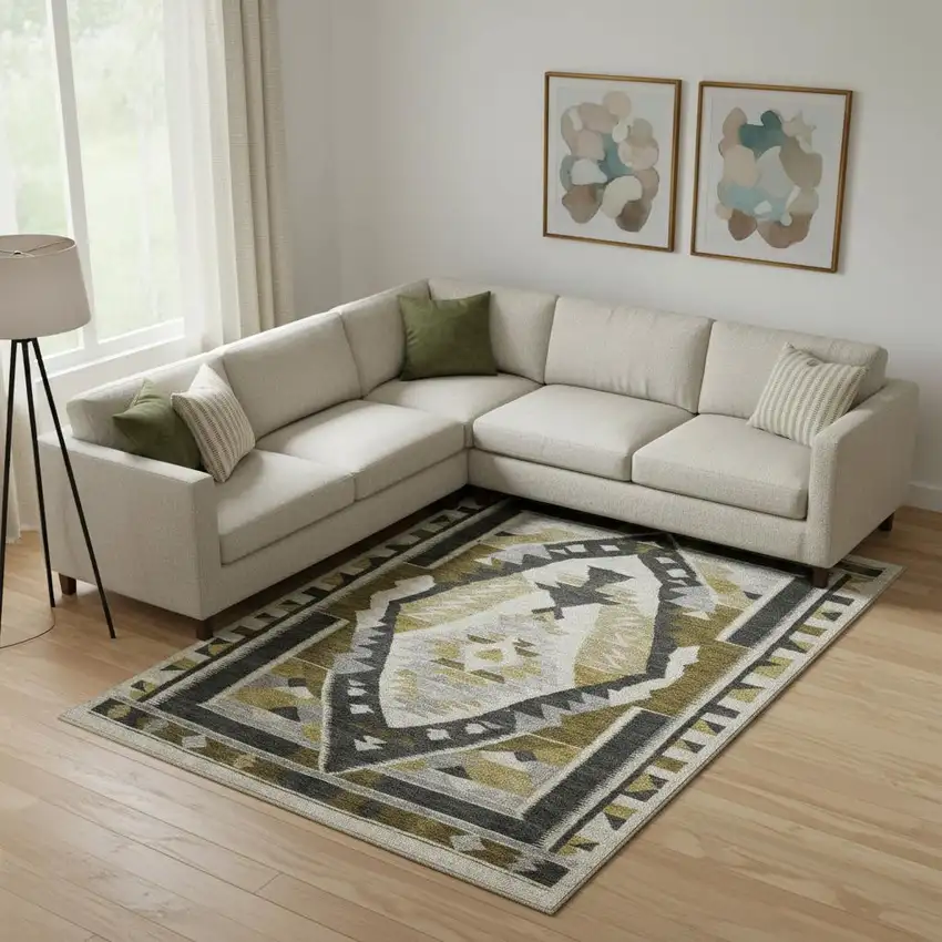 Chocolate Beige And Charcoal Tribal Washable Area Rug With UV Protection Photo 2