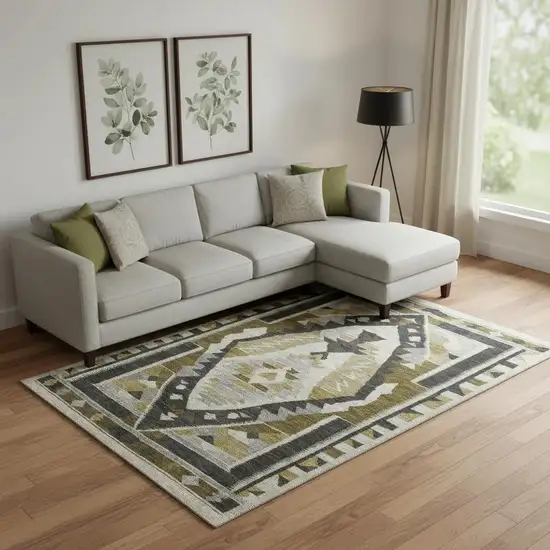 Chocolate Beige And Charcoal Tribal Washable Area Rug With UV Protection Photo 2