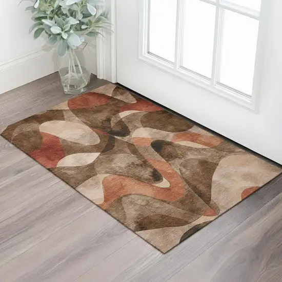 Chocolate Beige And Copper Abstract Washable Area Rug With UV Protection Photo 1