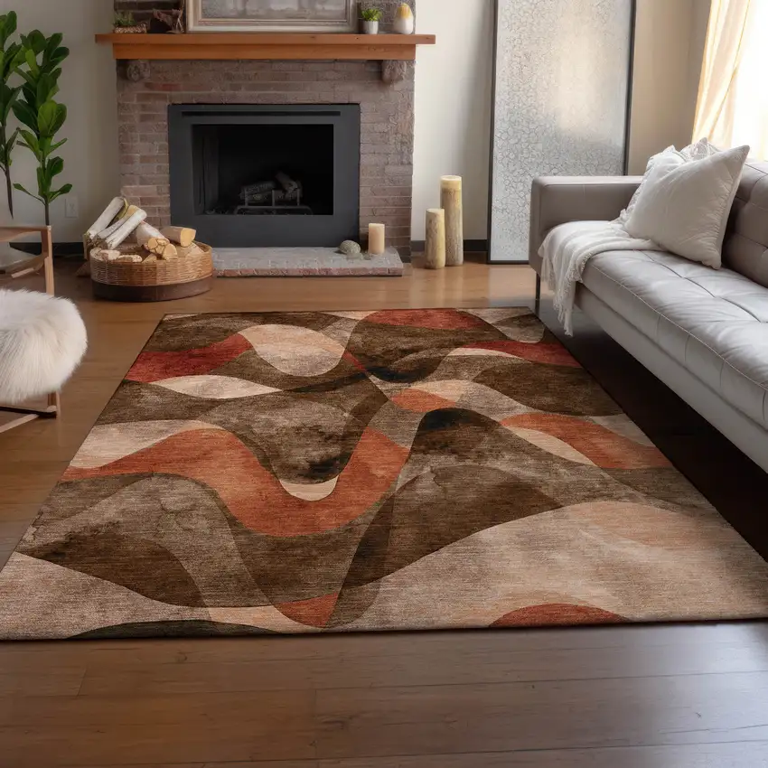 Chocolate Beige And Copper Abstract Washable Area Rug With UV Protection Photo 5