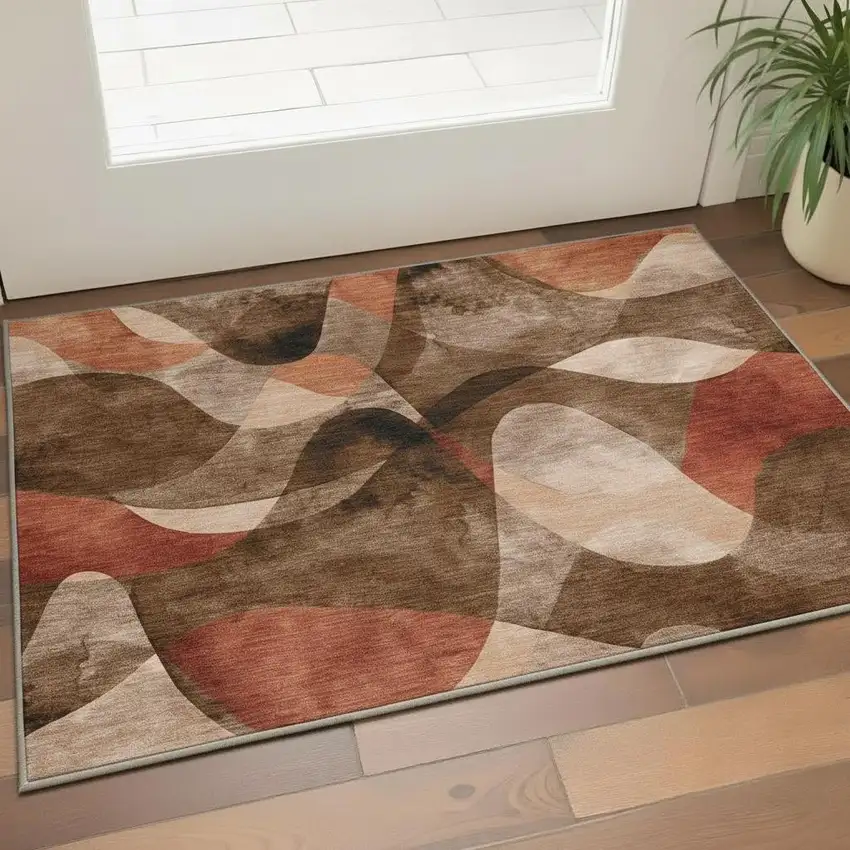 Chocolate Beige And Copper Abstract Washable Area Rug With UV Protection Photo 2