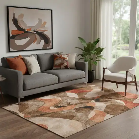 Chocolate Beige And Copper Abstract Washable Area Rug With UV Protection Photo 1
