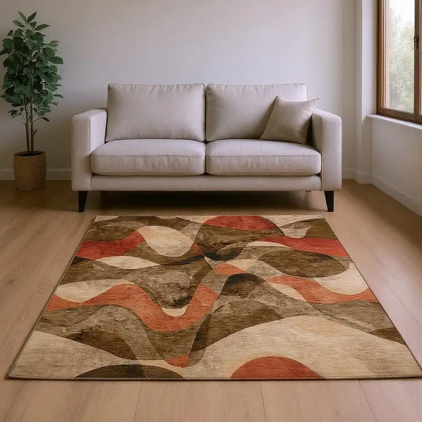 Chocolate Beige And Copper Abstract Washable Area Rug With UV Protection Photo 2