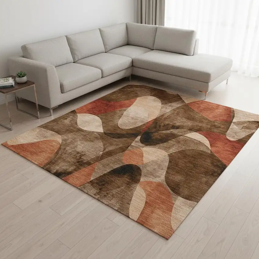 Chocolate Beige And Copper Abstract Washable Area Rug With UV Protection Photo 2