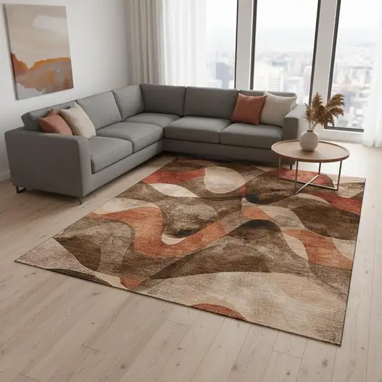 Chocolate Beige And Copper Abstract Washable Area Rug With UV Protection Photo 3