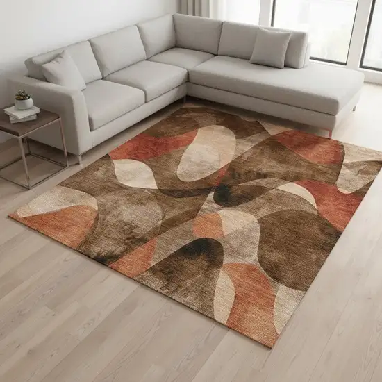 Chocolate Beige And Copper Abstract Washable Area Rug With UV Protection Photo 2