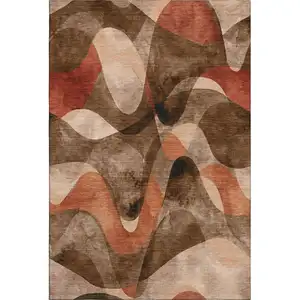 Photo of Chocolate Beige And Copper Abstract Washable Area Rug With UV Protection