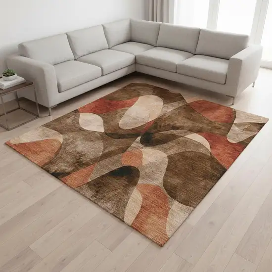 Chocolate Beige And Copper Abstract Washable Area Rug With UV Protection Photo 2