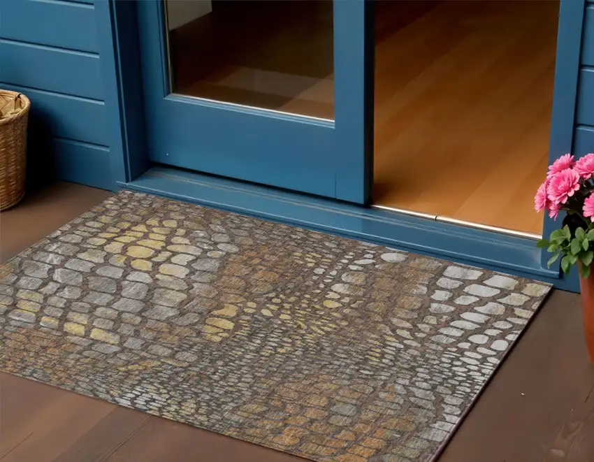 Chocolate Beige And Copper Abstract Washable Indoor Outdoor Area Rug Photo 1