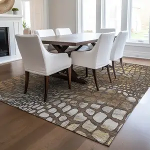 Photo of Chocolate Beige And Copper Abstract Washable Indoor Outdoor Area Rug