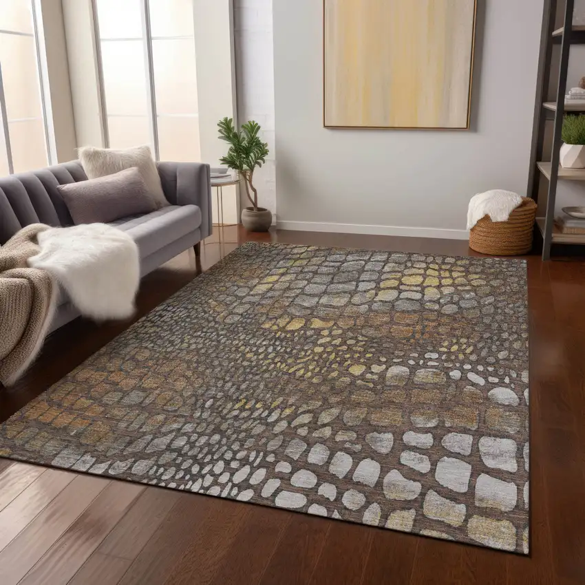 Chocolate Beige And Copper Abstract Washable Indoor Outdoor Area Rug Photo 8