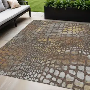 Photo of Chocolate Beige And Copper Abstract Washable Indoor Outdoor Area Rug
