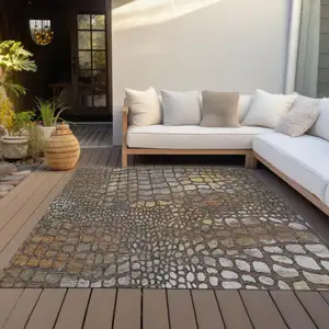 Photo of Chocolate Beige And Copper Abstract Washable Indoor Outdoor Area Rug