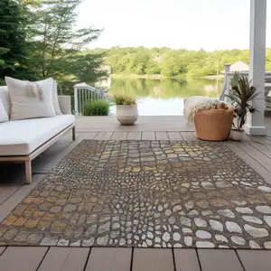 Photo of Chocolate Beige And Copper Abstract Washable Indoor Outdoor Area Rug