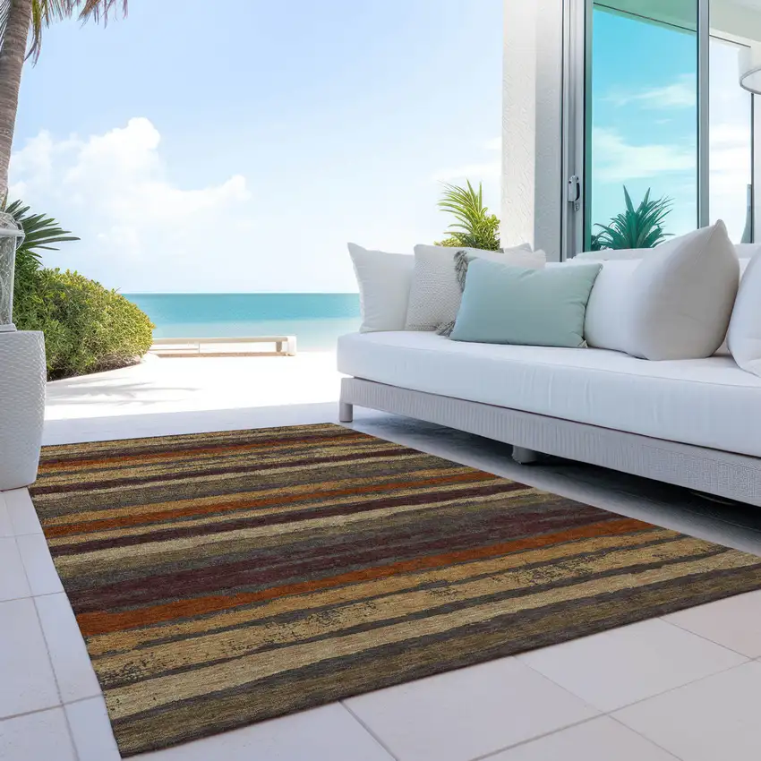 Chocolate Beige And Copper Striped Washable Indoor Outdoor Area Rug Photo 9