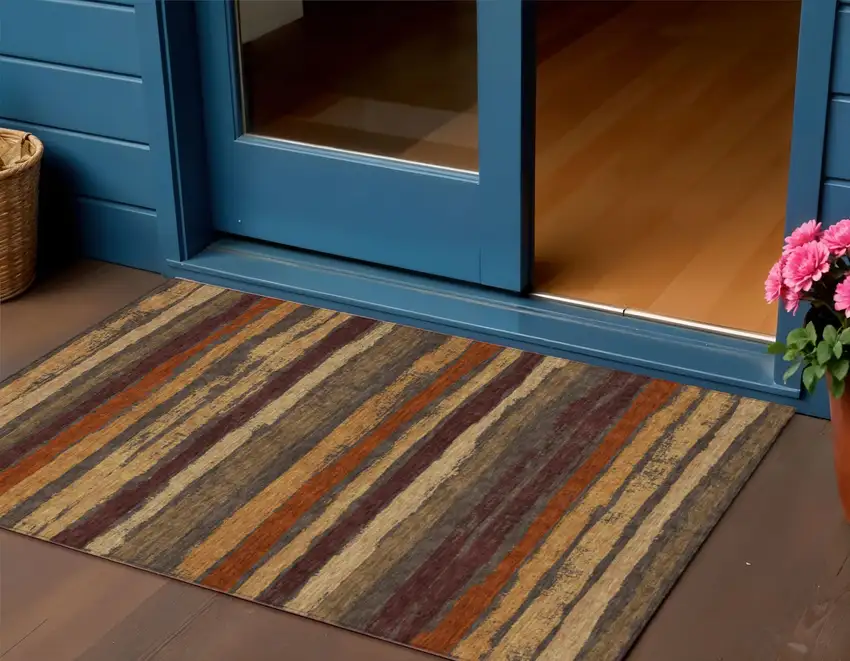 Chocolate Beige And Copper Striped Washable Indoor Outdoor Area Rug Photo 1