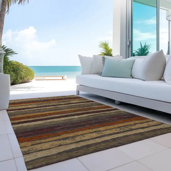 Chocolate Beige And Copper Striped Washable Indoor Outdoor Area Rug Photo 9