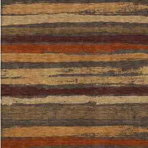 Photo of Chocolate Beige And Copper Striped Washable Indoor Outdoor Area Rug