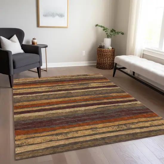 Chocolate Beige And Copper Striped Washable Indoor Outdoor Area Rug Photo 8