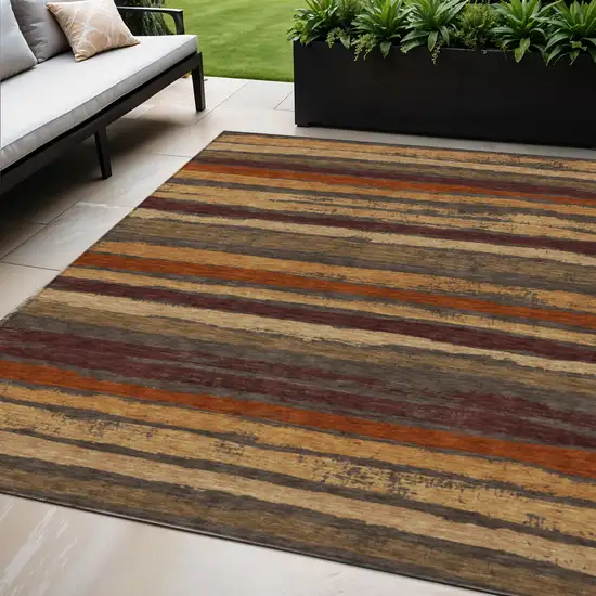 Chocolate Beige And Copper Striped Washable Indoor Outdoor Area Rug Photo 1
