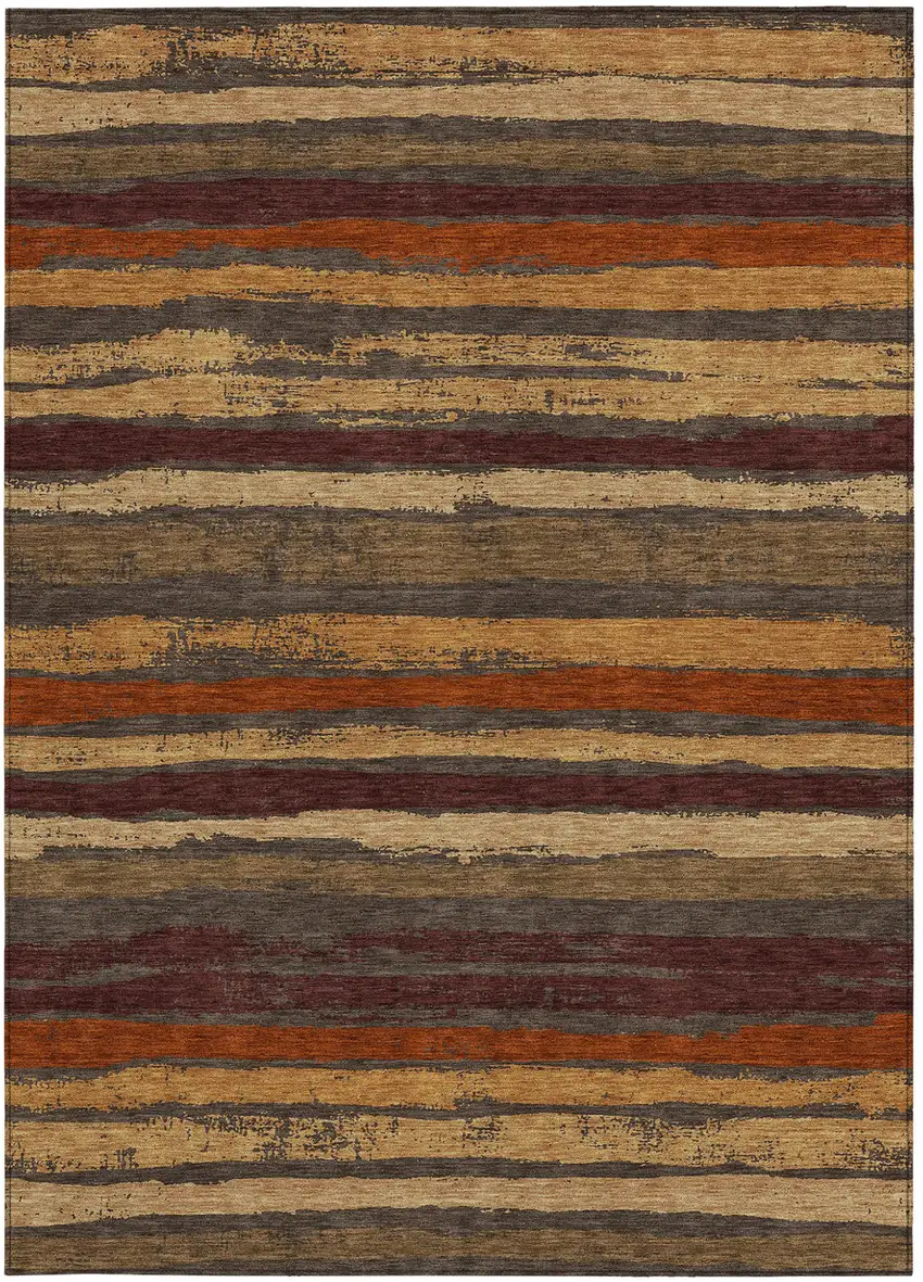 Chocolate Beige And Copper Striped Washable Indoor Outdoor Area Rug Photo 6