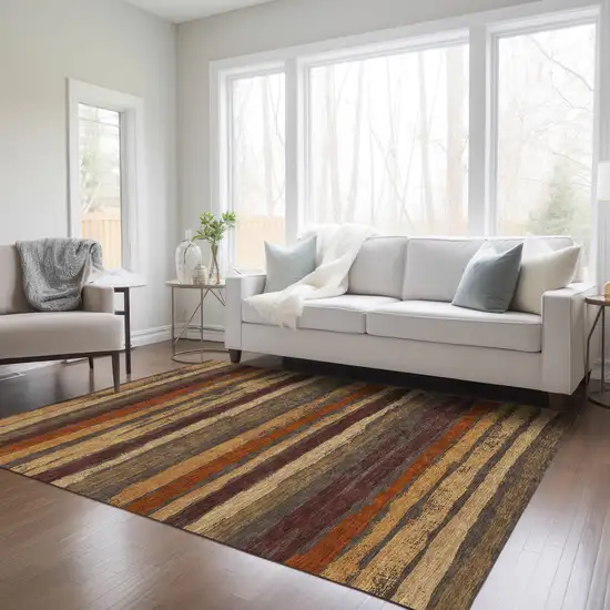 Chocolate Beige And Copper Striped Washable Indoor Outdoor Area Rug Photo 8