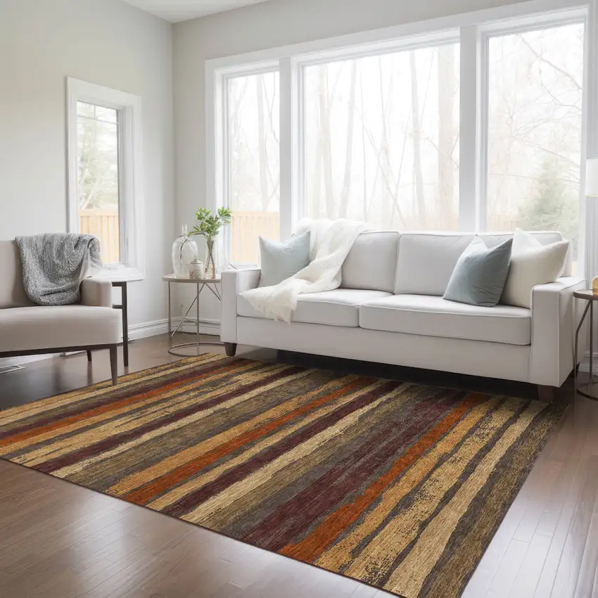 Chocolate Beige And Copper Striped Washable Indoor Outdoor Area Rug Photo 8