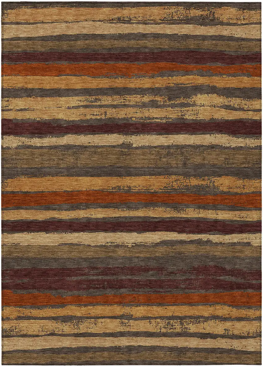 Chocolate Beige And Copper Striped Washable Indoor Outdoor Area Rug Photo 2