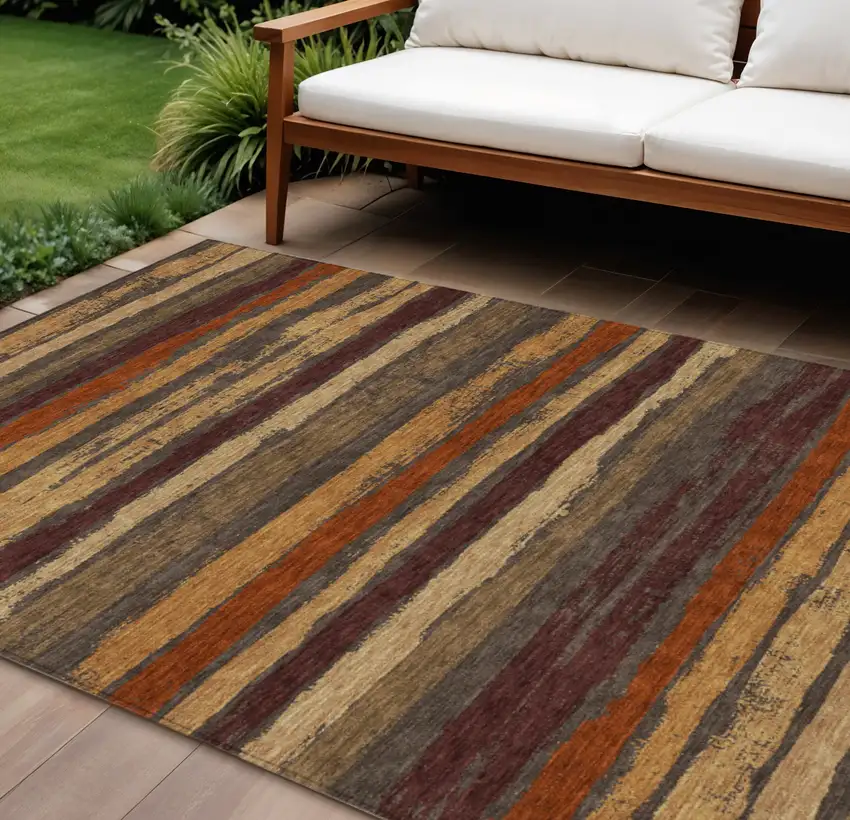 Chocolate Beige And Copper Striped Washable Indoor Outdoor Area Rug Photo 1