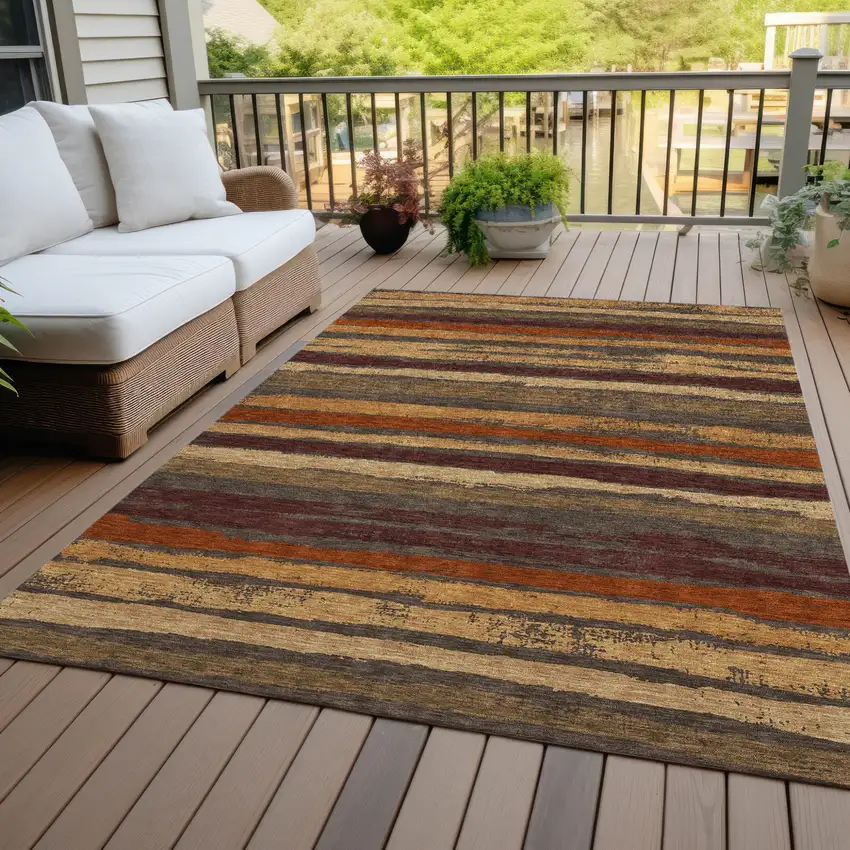 Chocolate Beige And Copper Striped Washable Indoor Outdoor Area Rug Photo 7
