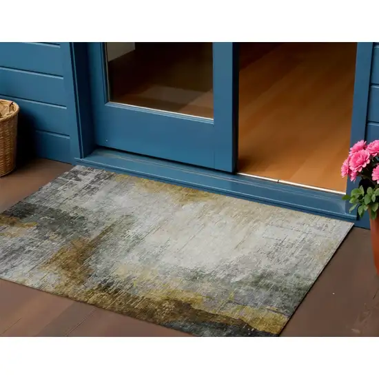 Chocolate Beige And Gold Abstract Washable Indoor Outdoor Area Rug Photo 3