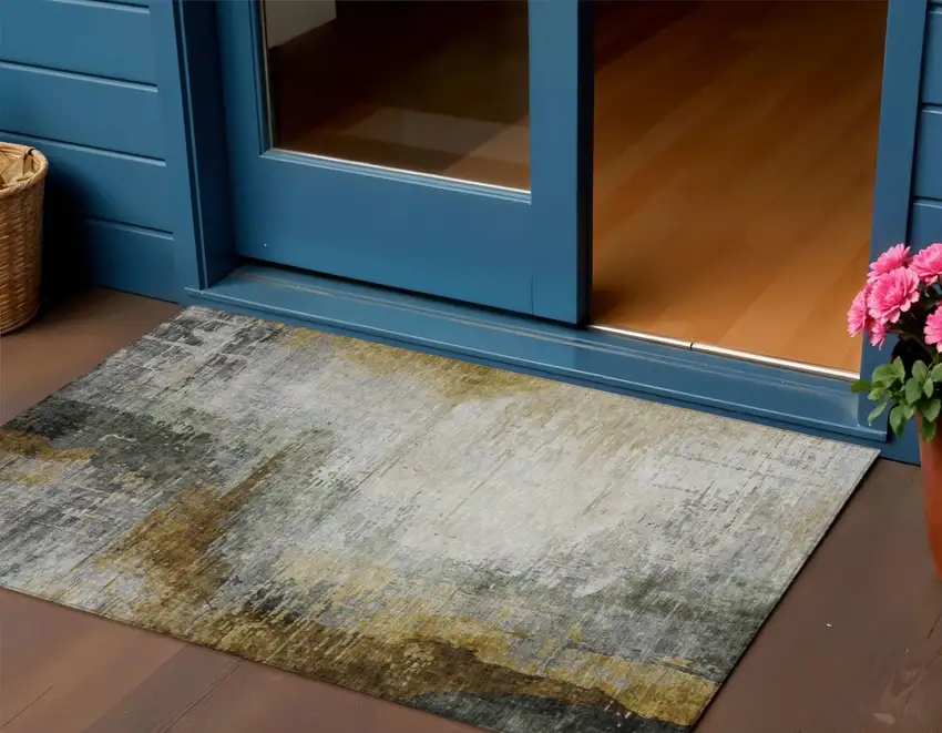 Chocolate Beige And Gold Abstract Washable Indoor Outdoor Area Rug Photo 3