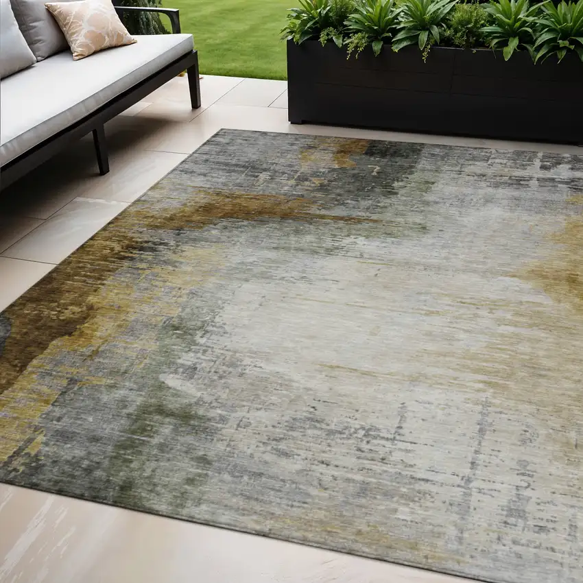 Chocolate Beige And Gold Abstract Washable Indoor Outdoor Area Rug Photo 2