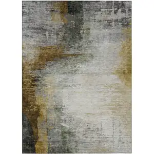 Photo of Chocolate Beige And Gold Abstract Washable Indoor Outdoor Area Rug