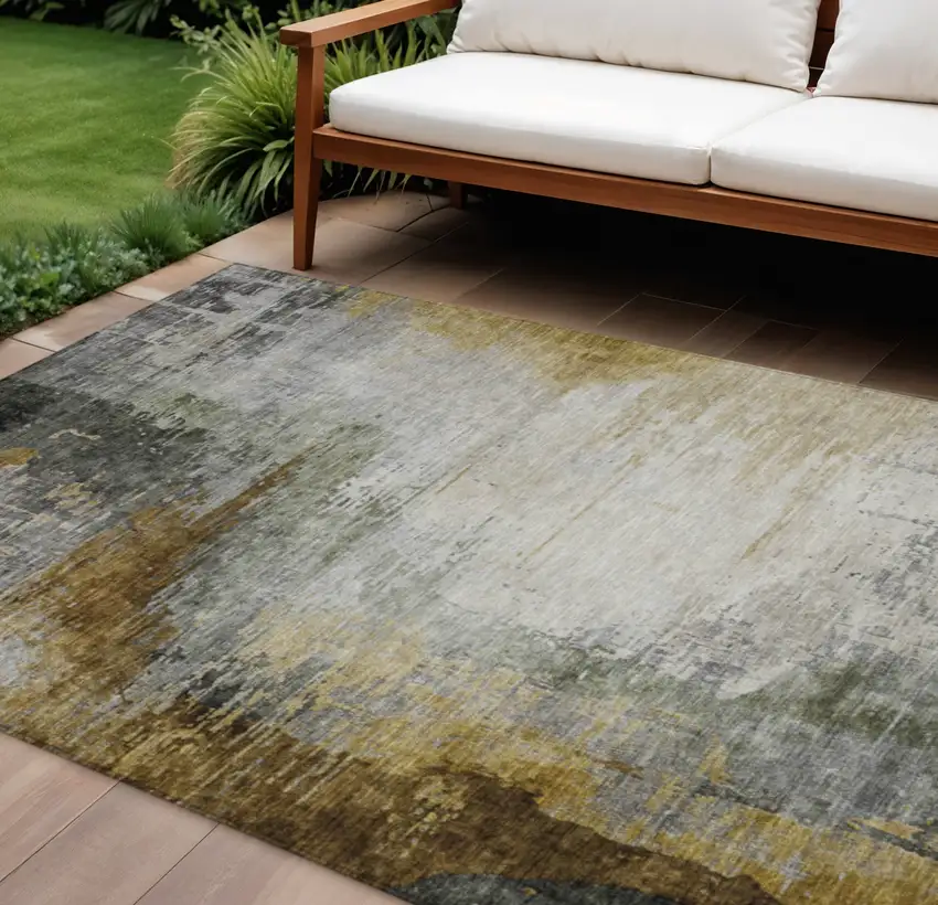 Chocolate Beige And Gold Abstract Washable Indoor Outdoor Area Rug Photo 2