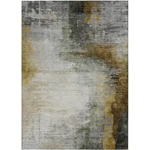 Photo of Chocolate Beige And Gold Abstract Washable Indoor Outdoor Area Rug