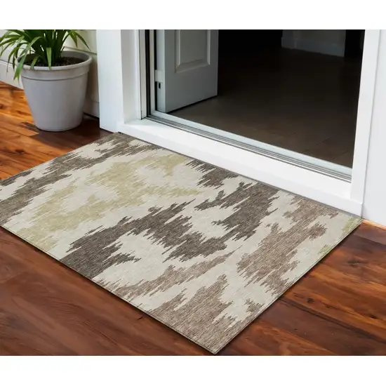 Chocolate Beige And Gold Abstract Washable Indoor Outdoor Area Rug Photo 1