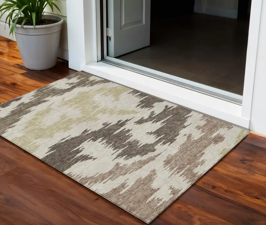 Chocolate Beige And Gold Abstract Washable Indoor Outdoor Area Rug Photo 1