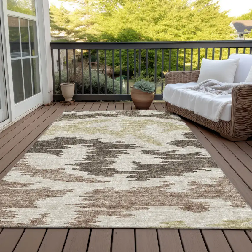 Chocolate Beige And Gold Abstract Washable Indoor Outdoor Area Rug Photo 6