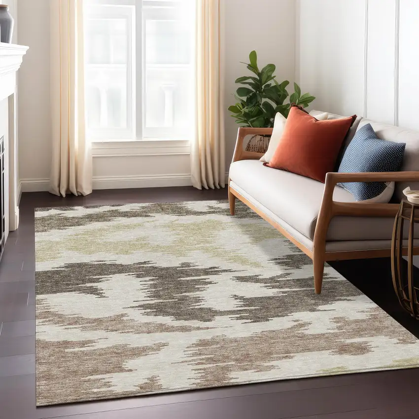 Chocolate Beige And Gold Abstract Washable Indoor Outdoor Area Rug Photo 9