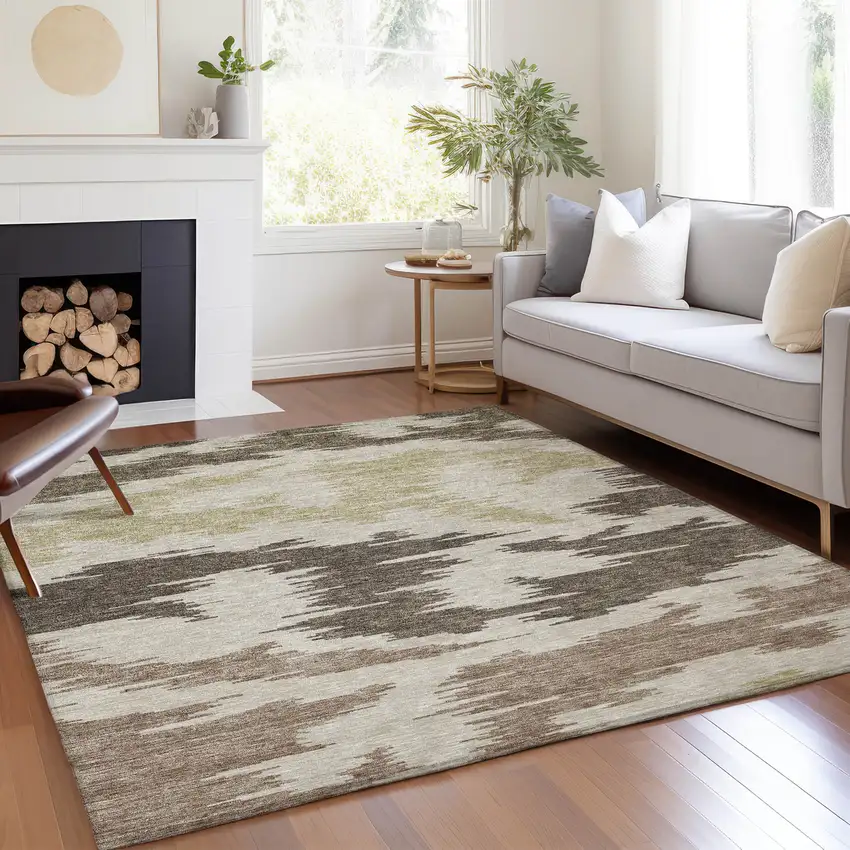 Chocolate Beige And Gold Abstract Washable Indoor Outdoor Area Rug Photo 8