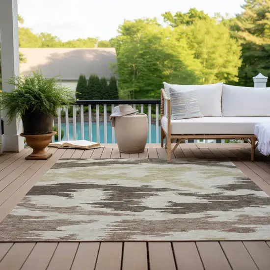 Chocolate Beige And Gold Abstract Washable Indoor Outdoor Area Rug Photo 9