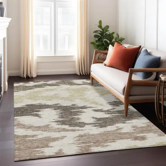 Chocolate Beige And Gold Abstract Washable Indoor Outdoor Area Rug Photo 8