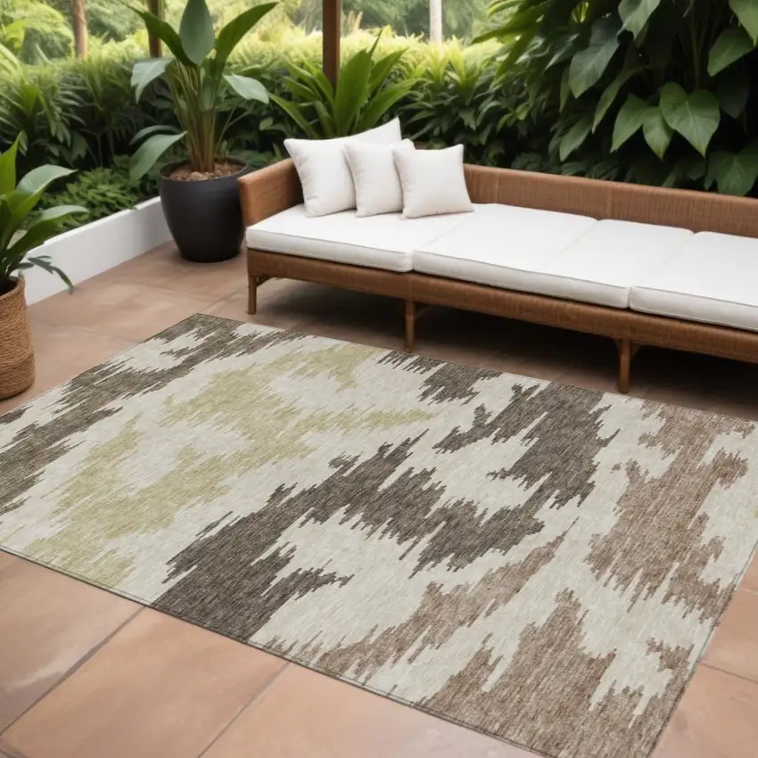 Chocolate Beige And Gold Abstract Washable Indoor Outdoor Area Rug Photo 1
