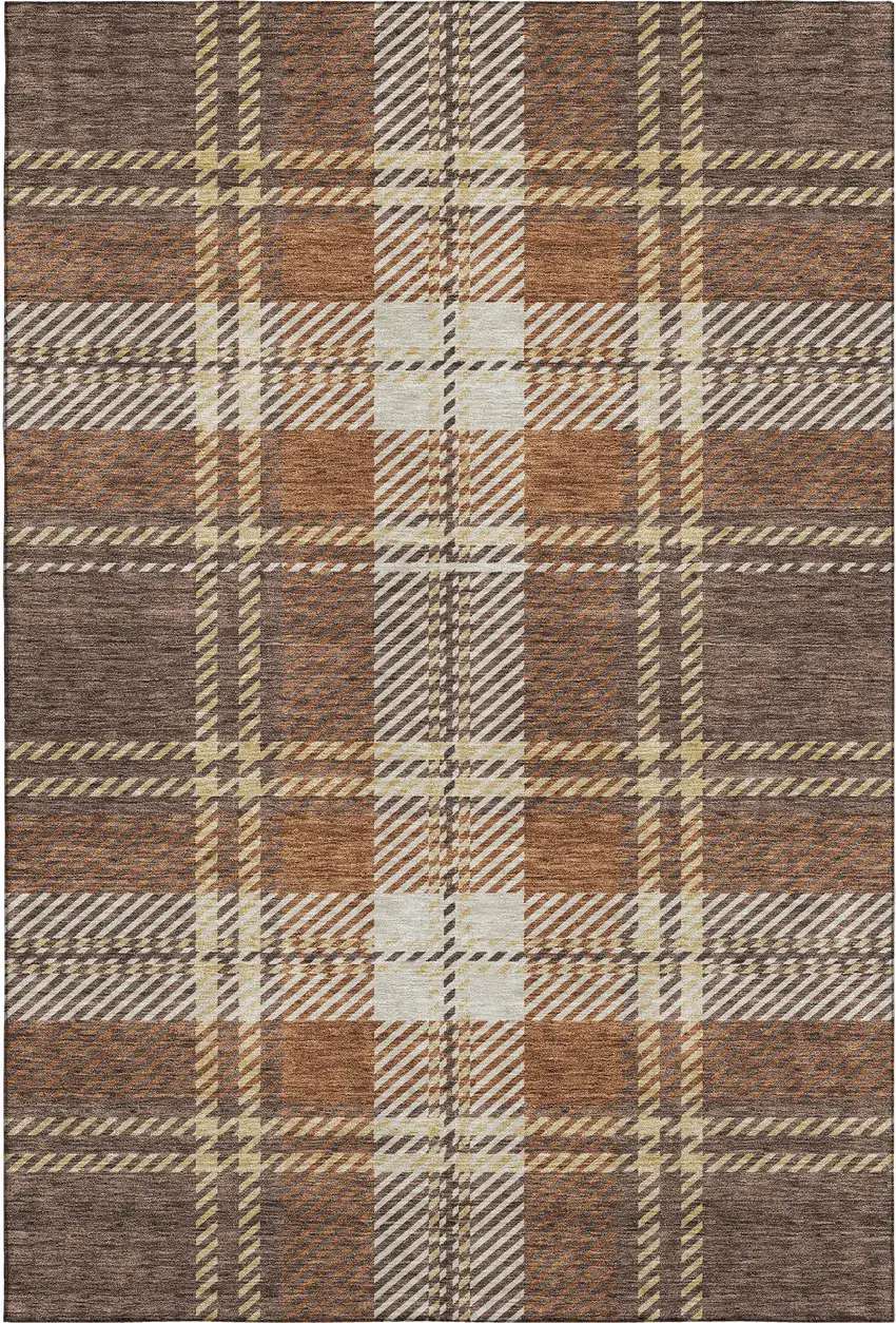 Chocolate Beige And Gold Plaid Washable Area Rug With UV Protection Photo 4