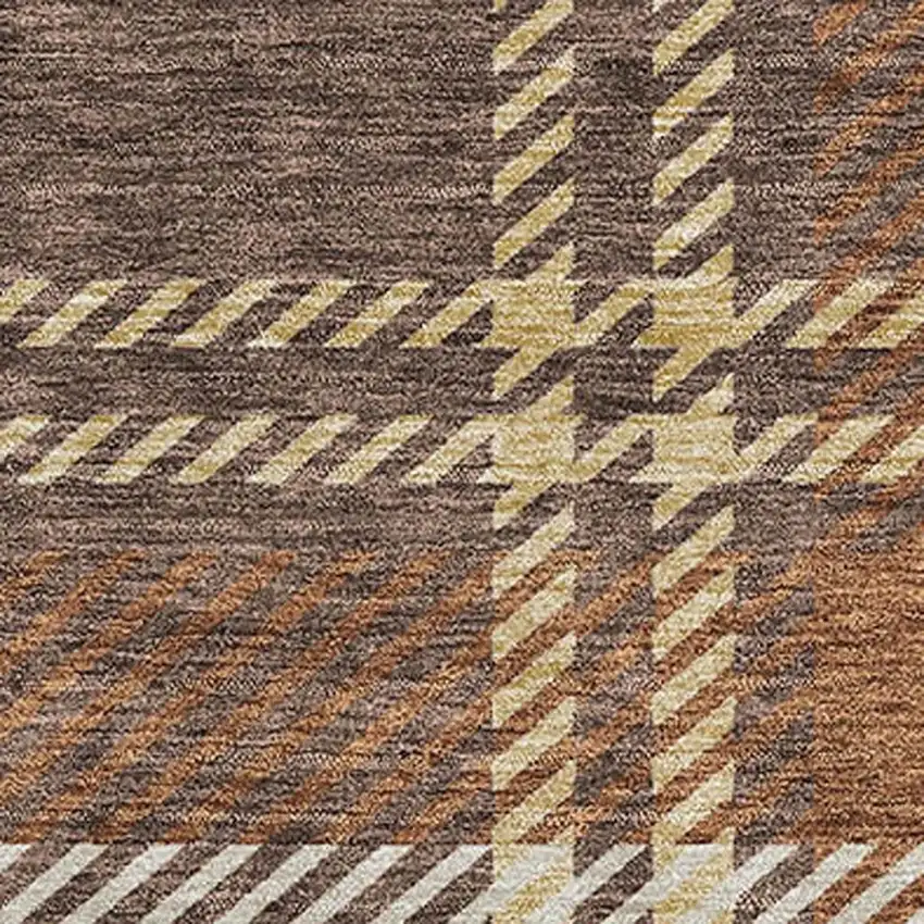 Chocolate Beige And Gold Plaid Washable Area Rug With UV Protection Photo 4