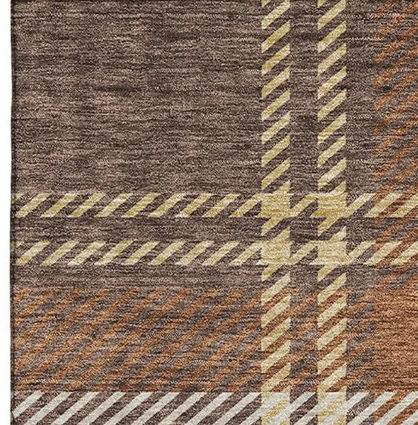 Chocolate Beige And Gold Plaid Washable Area Rug With UV Protection Photo 5