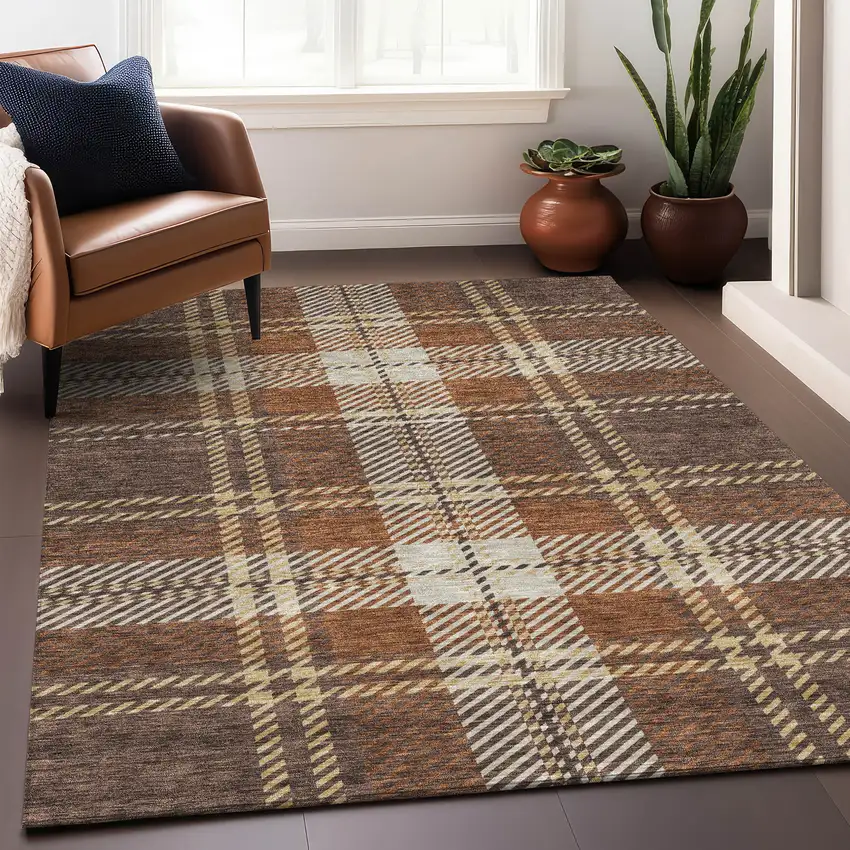 Chocolate Beige And Gold Plaid Washable Area Rug With UV Protection Photo 2