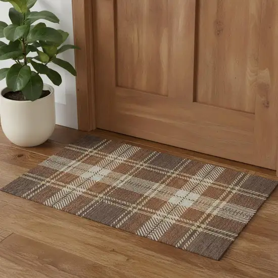 Chocolate Beige And Gold Plaid Washable Area Rug With UV Protection Photo 1