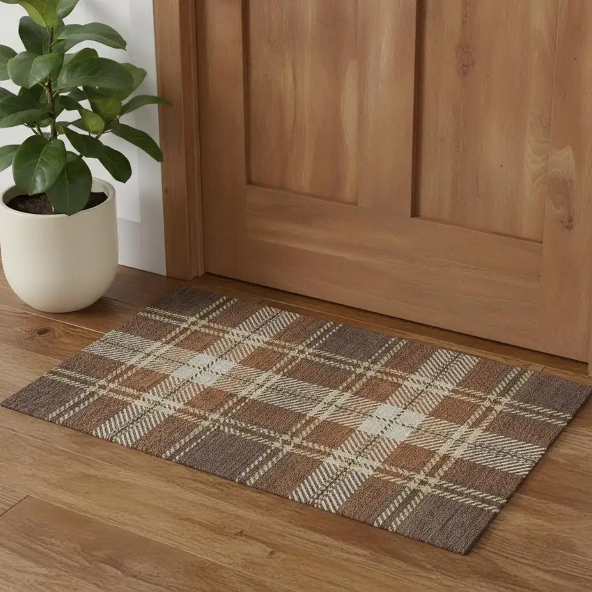 Chocolate Beige And Gold Plaid Washable Area Rug With UV Protection Photo 1